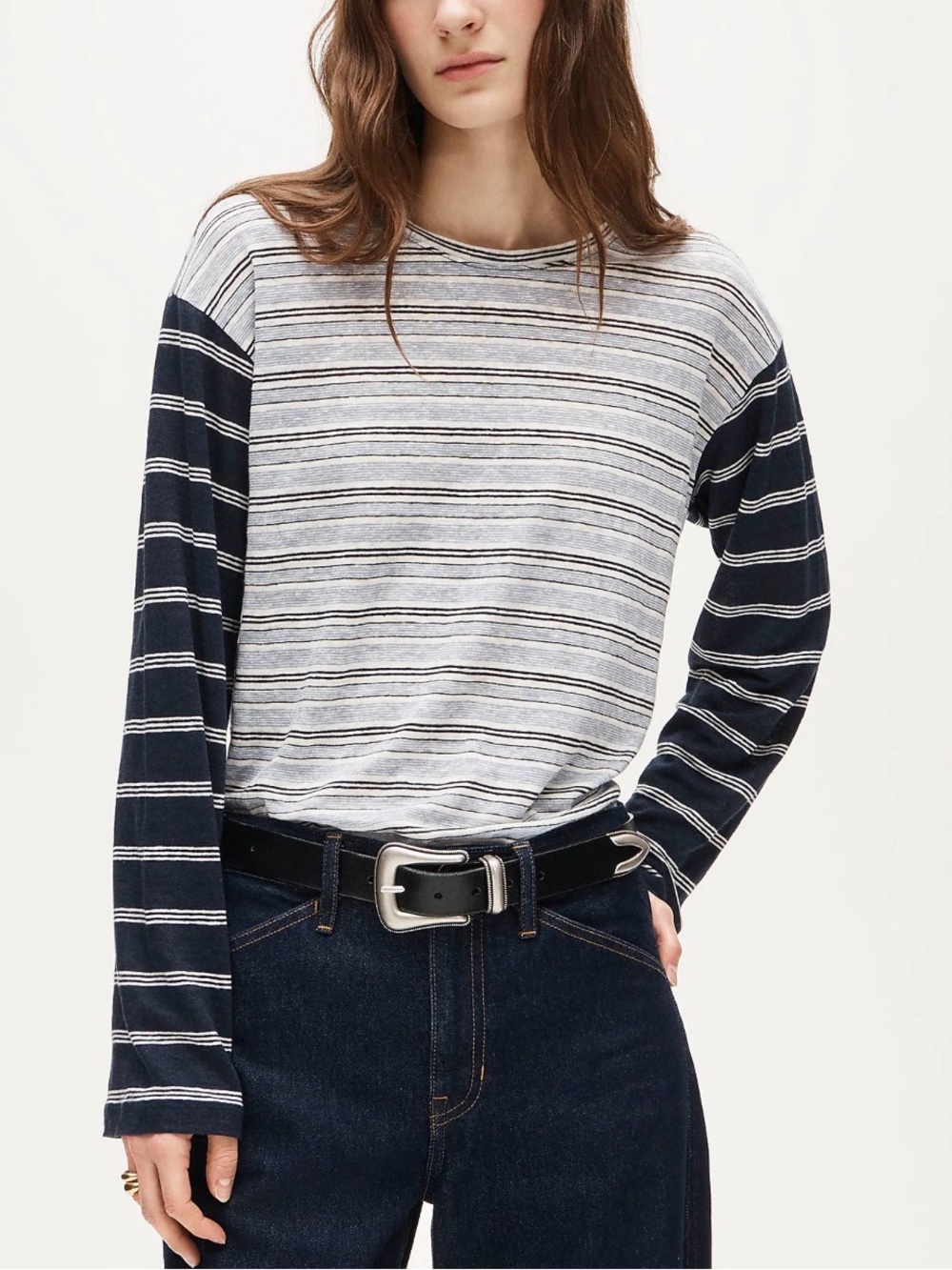J Crew Relaxed Linen Long-Sleeve T-shirt NWT Lightweight Mixed Stripes Size XL